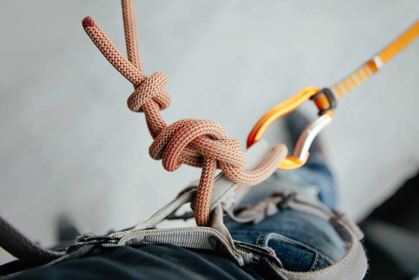 Figure-eight knot and carabiner on a climbing rope